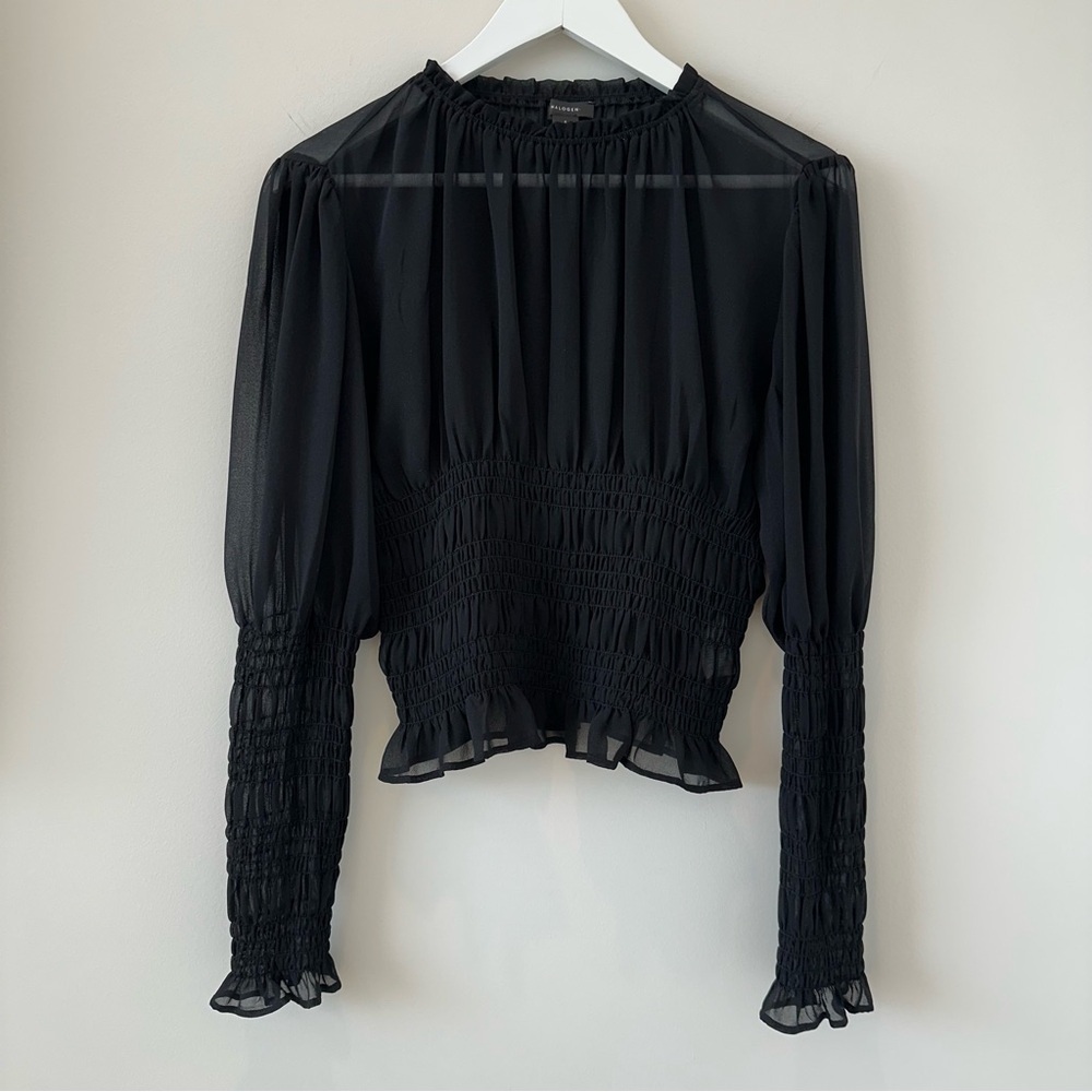 Halogen Smocked Chiffon Blouse Long Statement Sleeve Sheer Date Night Out Black - Picture 2 of 12